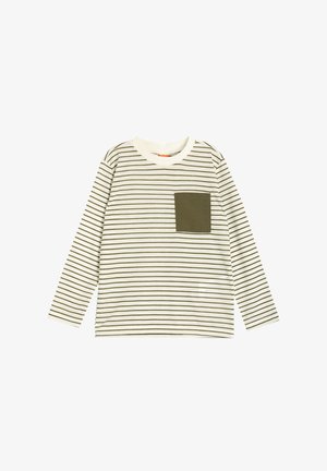 Langsleeve gestreept shirt in crème en olijfgroen. Beschikt over dunne horizontale strepen en een effen olijfgroene borstzak. Zacht katoen materiaal.