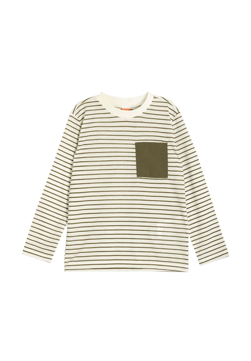 Langsleeve gestreept shirt in crème en olijfgroen. Beschikt over dunne horizontale strepen en een effen olijfgroene borstzak. Zacht katoen materiaal.