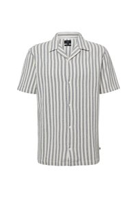 Korte mouwen shirt in crème met marineblauwe verticale strepen, knoopsluiting aan de voorkant en een camp collar. Gemaakt van lichtgewicht stof met een gestructureerde afwerking.