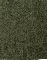 Olivengroen gebreide stof met een zachte textuur en ribbelzoom. Het materiaal lijkt warm en dicht, met een uniform patroon.