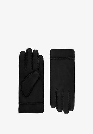 Ein Paar schwarzer Winterhandschuhe mit sichtbaren genähten Nähten, wobei einer die Handinnenseite und der andere die Rückseite zeigt, isoliert auf weißem Hintergrund.