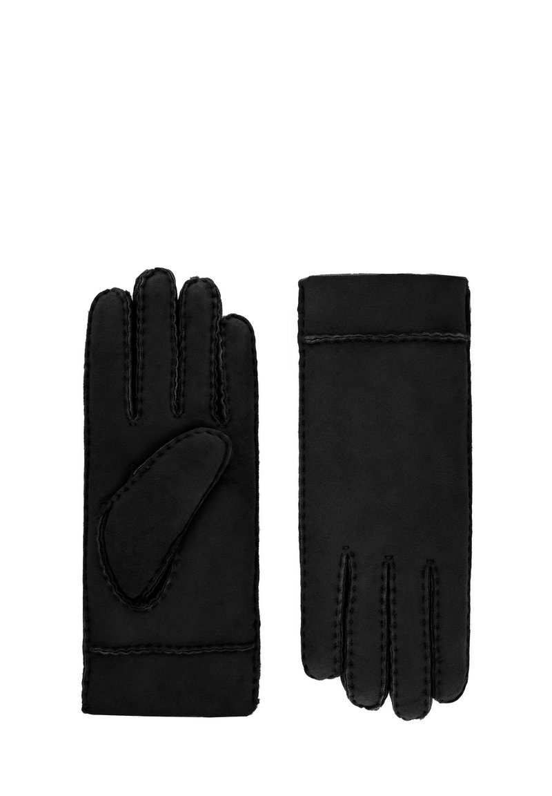 Ein Paar schwarzer Winterhandschuhe mit sichtbaren genähten Nähten, wobei einer die Handinnenseite und der andere die Rückseite zeigt, isoliert auf weißem Hintergrund.