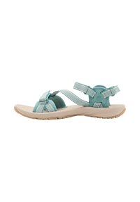 Turquoise sandals with crisscross straps and a toe loop. Textured rubber sole, cushioned footbed, and adjustable ankle straps.