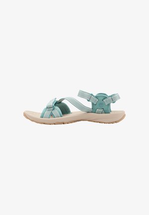 Turquoise sandals with crisscross straps and a toe loop. Textured rubber sole, cushioned footbed, and adjustable ankle straps.