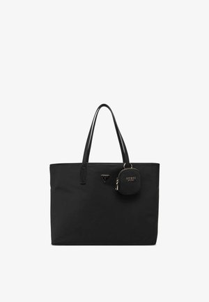 Borsa tote rettangolare nera con doppi manici, una piccola tasca attaccata e un logo triangolare del marchio al centro del davanti.