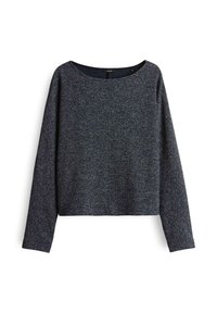 Pull en maille gris foncé à manches longues avec un large col rond et un ourlet droit, présenté sur un fond blanc.
