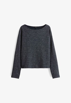 Dunkelgrauer, langärmliger Strickpullover mit weitem Rundhalsausschnitt und geradem Saum, präsentiert auf einem weißen Hintergrund.