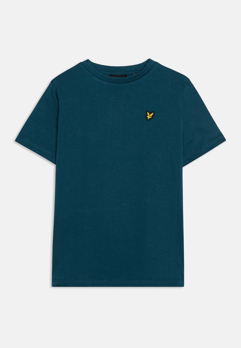 Teal bomulds T-shirt med rund halsudskæring og korte ærmer. Har et lille broderet logo i gul på venstre bryst.