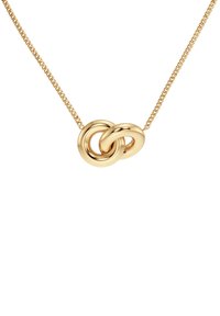 Gold necklace featuring two interlocking circular links, smooth finish, on a fine chain, highlighting simplicity and elegance in design.