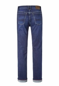 Dark blue jeans featuring a straight leg design, subtle stitching, five pockets, and a folded cuff at the bottom. Smooth denim texture.