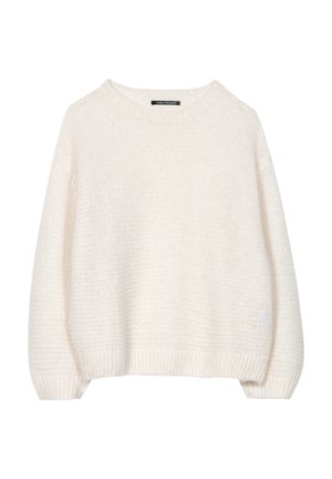 White knitted sweater with a round neckline, dropped shoulders, and ribbed cuffs. Features a soft, textured fabric and relaxed fit.