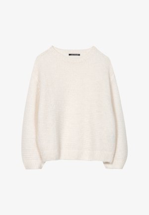 White knitted sweater with a round neckline, dropped shoulders, and ribbed cuffs. Features a soft, textured fabric and relaxed fit.