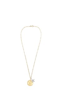 Guldfarvet halskæde med en tekstureret rund vedhæng, der har en sølvfarvet søstjerne akcent, sat på en fin perlekæde med en hummerlås.