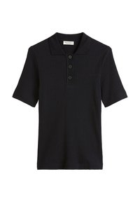 Donkerblauwe geribde polo met korte mouwen, een drie-knops sluiting en een zachte textuur. Heeft een minimalistisch ontwerp zonder patronen.