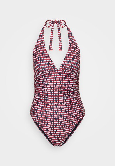 Raudonas ir tamsiai mėlynas vientisas maudymosi kostiumėlis su V formos iškirpte, kaklo raišteliu ir susiraukšlėjusia tekstūra, turinčia geometrinių raštų kontrastingomis spalvomis.