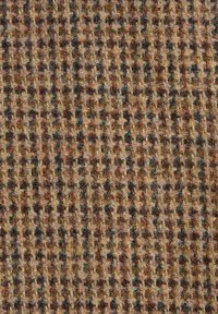 Woven fabric with a checkered pattern in browns, tans, and subtle greens. Textured surface with fuzzy fibers and a structured grid design.