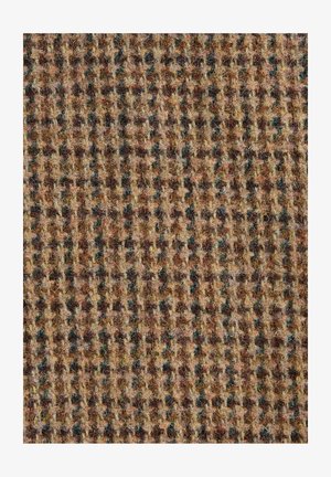 Woven fabric with a checkered pattern in browns, tans, and subtle greens. Textured surface with fuzzy fibers and a structured grid design.