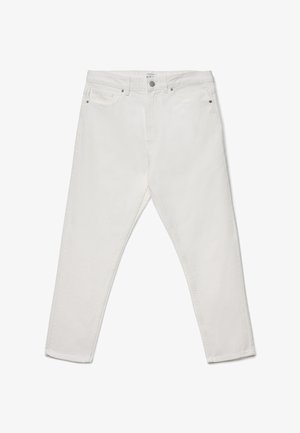 Białe spodnie z denimu o prostym kroju nogawek, z pięcioma kieszeniami, zapięciem na guzik i miękką, teksturowaną tkaniną.