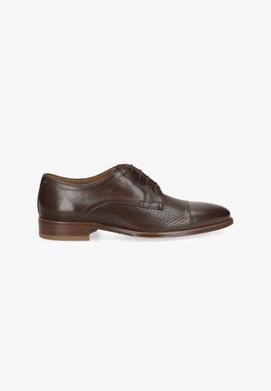 Brown leather dress shoe with laces, perforated detailing on toe and sides, low wooden heel, shown in side profile on white background.