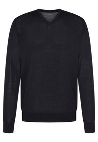 Schwarzer V-Ausschnitt-Pullover aus leichtem, gestricktem Material mit langen Ärmeln sowie gerippten Bündchen und Saum. Einfaches Design, keine Muster oder Akzente.