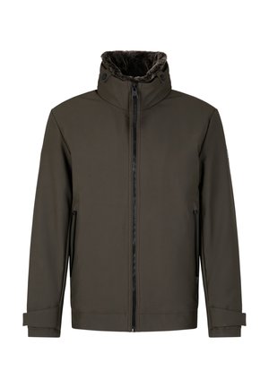 Dunkelolivgrüne Winterjacke mit Frontreißverschluss, hohem Kragen, der mit dunklem Kunstpelz gefüttert ist, und seitlichen Reißverschlusstaschen.