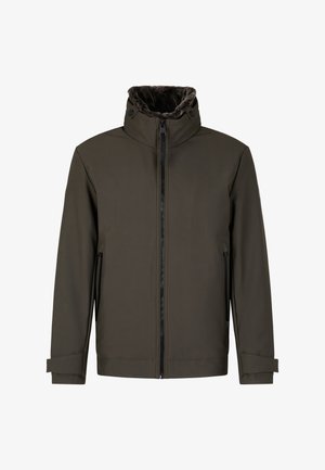 Dunkelolivgrüne Winterjacke mit Frontreißverschluss, hohem Kragen, der mit dunklem Kunstpelz gefüttert ist, und seitlichen Reißverschlusstaschen.