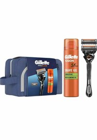 Gillette ProGlide partaustussarja, jossa on sininen kangaspussukka, oranssi partavaahtopullo ja musta partaveitsi, jossa on viisi terää ja ergonominen kahva.