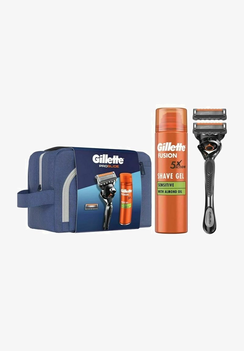 Gillette ProGlide rakhyvelsset med ett blått tygfodral, en orange rakhyvelgelburk och en svart rakhyvel med fembladshuvud och ergonomiskt grepp.