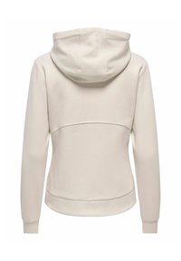 Sweat à capuche beige à manches longues, détail de couture dans le dos et poignets ajustés aux manches.