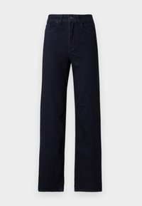 Jean droit bleu foncé avec fermeture par bouton et zip, poches avant et arrière, présenté sur un fond clair uni.