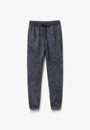 Dunkelgraue Jogginghosen mit Tigerstreifenmuster, gefertigt aus einem weichen Stoff, mit elastischem Bund und verstellbarem Kordelzug.