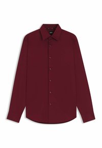 Camicia bordeaux a maniche lunghe con colletto arrotondato, davanti a sei bottoni e orlo dritto. Tessuto morbido senza motivi o decorazioni.