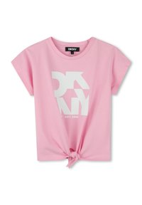 Roze katoenen T-shirt met een ronde hals, korte mouwen en een geknoopte voorkant. Bevat een grote witte DKNY graphic en de tekst "EST. 1989".