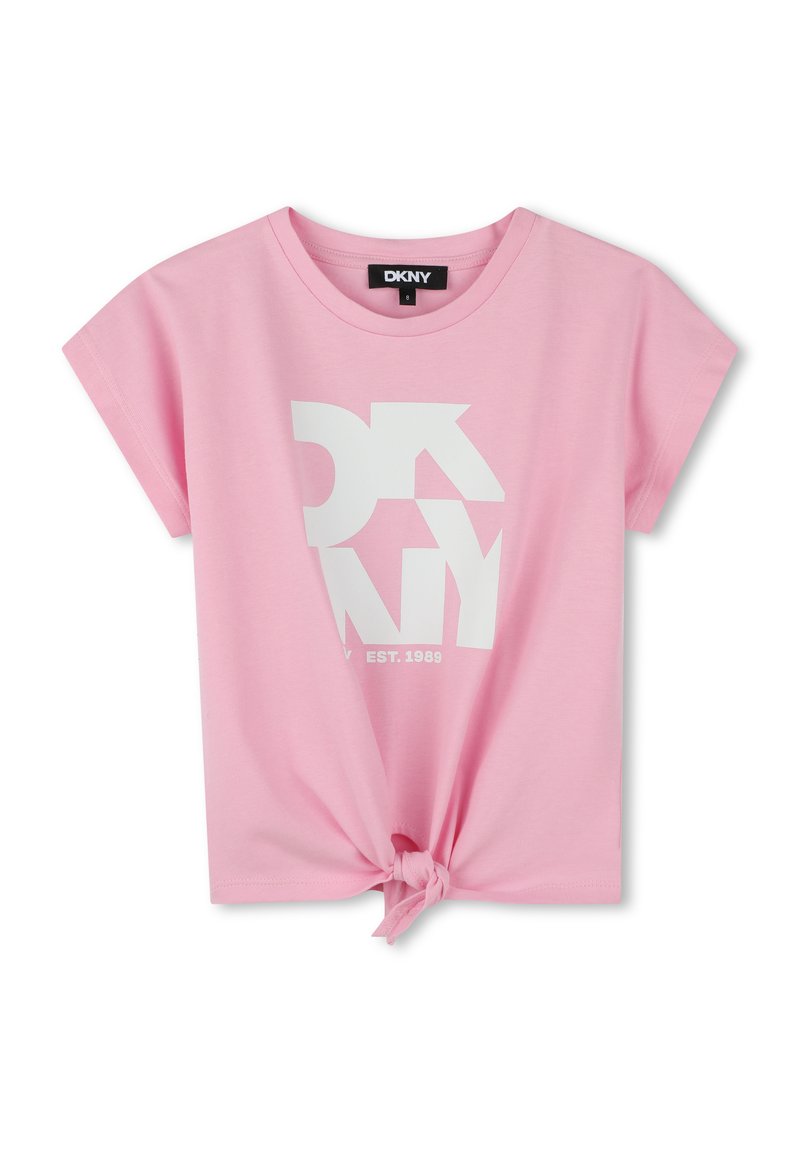 Roze katoenen T-shirt met een ronde hals, korte mouwen en een geknoopte voorkant. Bevat een grote witte DKNY graphic en de tekst "EST. 1989".