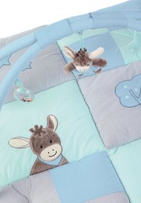 Soft blue and gray baby play mat with patchwork design, smiling donkey embroidery, hanging plush donkey toy, and teething ring with beads.