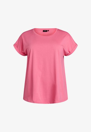 Roza bombažna majica s kratkimi rokavi in okroglim izrezom ter zavitimi rokavi. Mehka tekstura, ohlapen kroj in ravno spodnje rob.