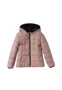 Giacca imbottita di un rosa chiaro con interno nero, dotata di cappuccio, zip frontale e texture trapuntata. Polsini ed orlo elasticizzati.