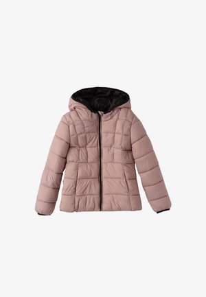 Giacca imbottita di un rosa chiaro con interno nero, dotata di cappuccio, zip frontale e texture trapuntata. Polsini ed orlo elasticizzati.