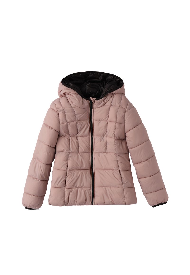 Giacca imbottita di un rosa chiaro con interno nero, dotata di cappuccio, zip frontale e texture trapuntata. Polsini ed orlo elasticizzati.
