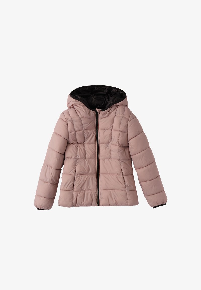 Chaqueta acolchada en rosa claro con interior negro, que cuenta con capucha, cremallera frontal y textura acolchada. Puños y dobladillo elásticos.