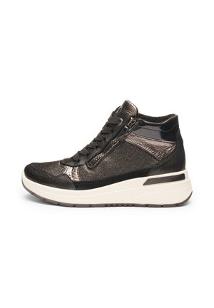 Black high-top sneakers with a metallic finish, laces, and side zipper; textured accents and a white rubber sole.