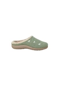 Pantofole verdi pelose con interno beige, caratterizzate da piccoli ritagli a forma di cuore bianchi sulla parte superiore. Suola in gomma flessibile per il massimo comfort.