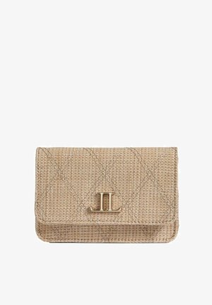 Beežist punutud rahakott, millel on tikitud disain, kuldne riistvara ja silmapaistev "JL" logo esiküljel. Kompaktne ja struktuurne kuju.