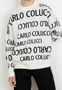 Suéter de punto blanco con el texto en negrita "CARLO COLUCCI" en diversas orientaciones. Cuello redondo y puños acanalados. Corte casual.