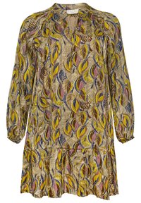 Tunique imprimée, présentant un mélange de motifs de feuilles jaunes, bleues, rouges et brunes sur un fond marron clair ; manches longues, ourlet à volants.