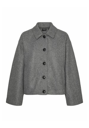 Pilkos vilnos mišinio švarkas su apykakle, priekyje su sagomis, ir didelėmis ilgomis rankovėmis, su tiesia siluetu.