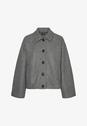 Giacca in misto lana grigia con colletto, chiusura frontale con bottoni e maniche lunghe sovradimensionate con silhouette dritta.