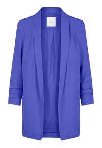 Blazer à manches longues et ouverture avant dans un bleu vif uni. Confectionné dans un tissu lisse avec une finition légère, sans fermetures visibles ni motifs.