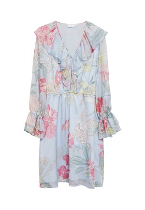 Hellblaues Blumenmuster-Kleid mit gerafftem V-Ausschnitt, langen Ärmeln mit abgestuften Bündchen und leicht geraffter Taille.