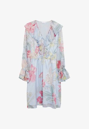 Hellblaues Blumenmuster-Kleid mit gerafftem V-Ausschnitt, langen Ärmeln mit abgestuften Bündchen und leicht geraffter Taille.